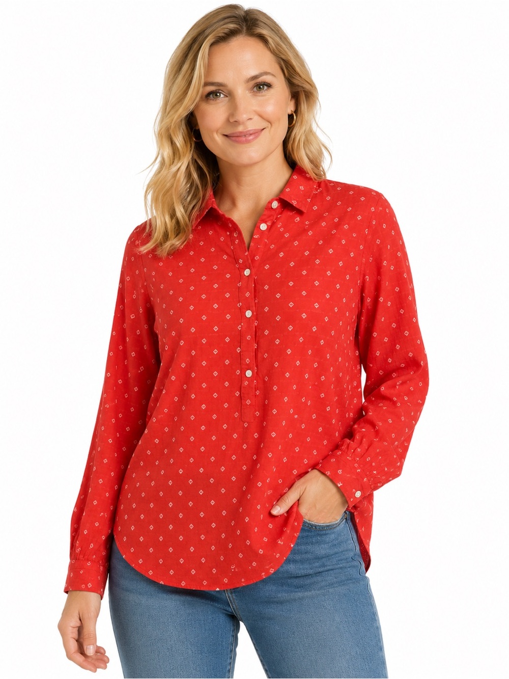LOFT Red Diamond-Print Button Down Shirt